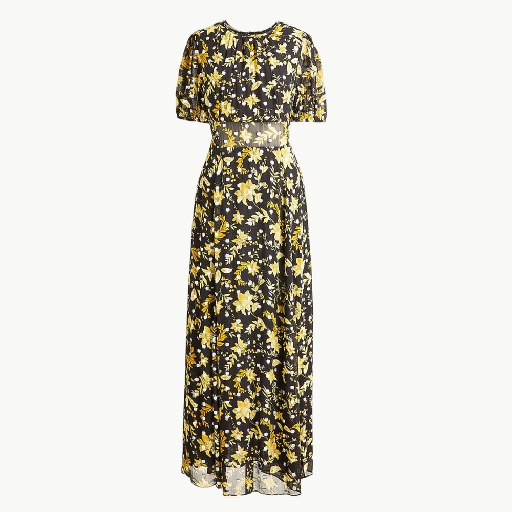 NWT $298 J.Crew Open-Back Metallic Clip-Dot Black Maxi Dress Golden Floral Sz 10 - Picture 1 of 16